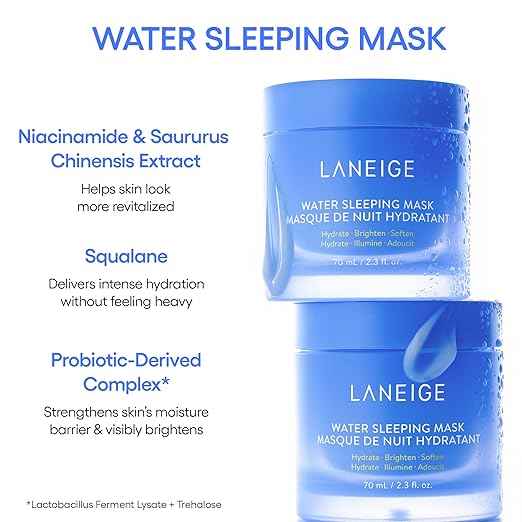 LANEIGE Water Sleeping Mask: Hydrating Korean Overnight Mask with Squalane & Probiotic-Derived Complex, for Bright, Glowing Skin & Barrier Support